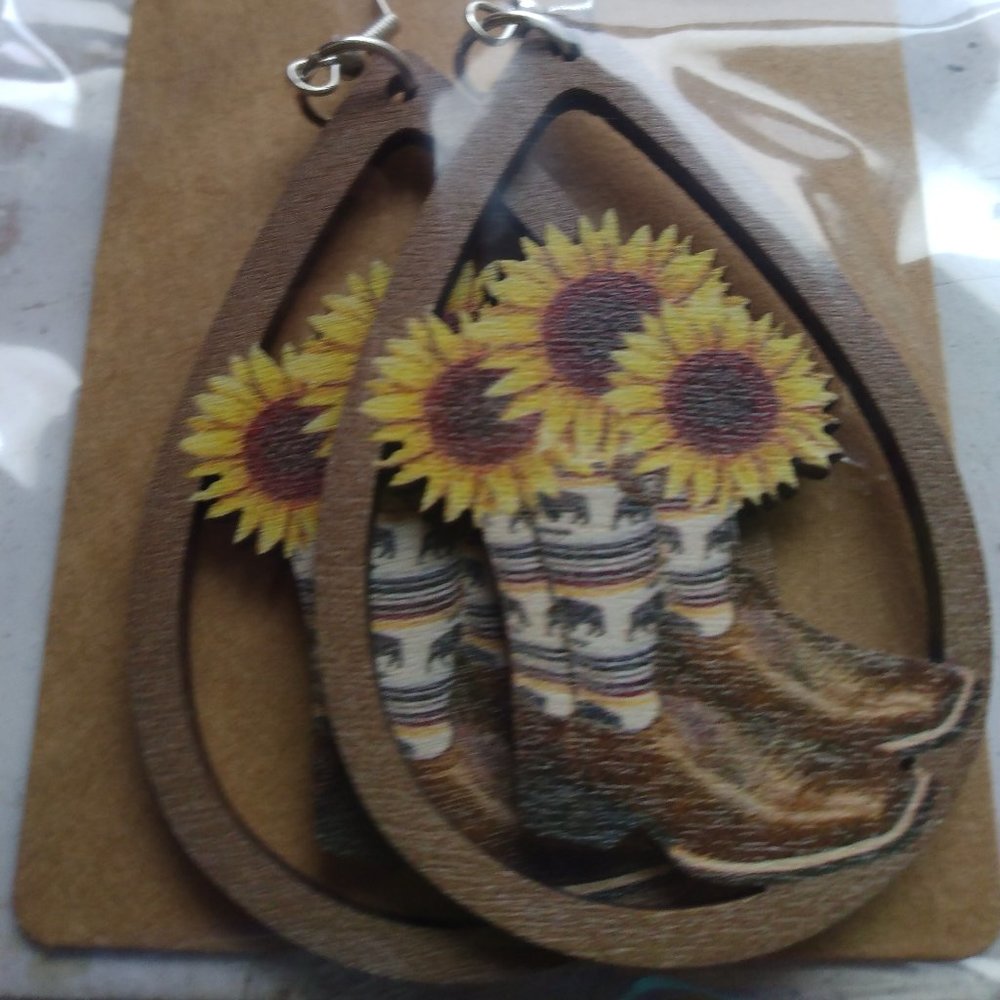 Sunflowers in Boots Wooden Earrings